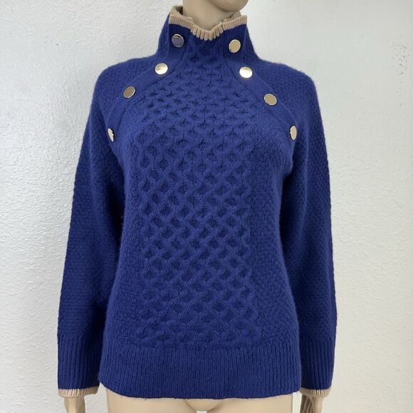 Ann Taylor Women's Navy Sweater Gold Button Mock Neck Nautical XS New - Picture 1 of 10